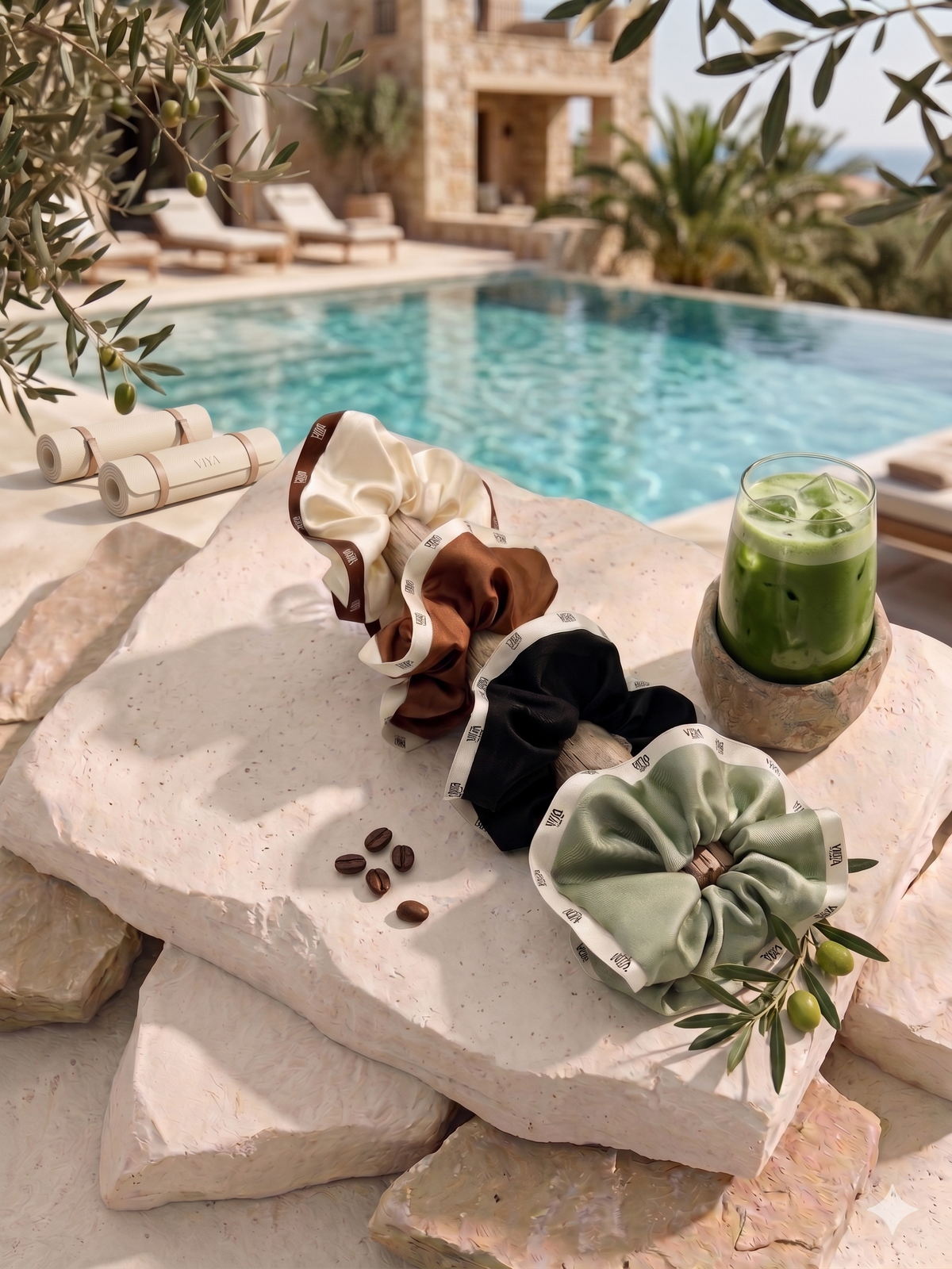 Coffret Satin Rituel VIYA Studio, chouchous satin et coffee cup bord de piscine