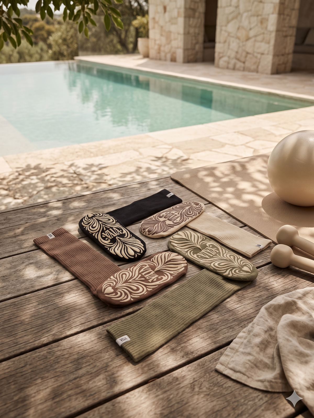 Chaussettes grip Pilates VIYA Studio, flatlay lifestyle bord de piscine