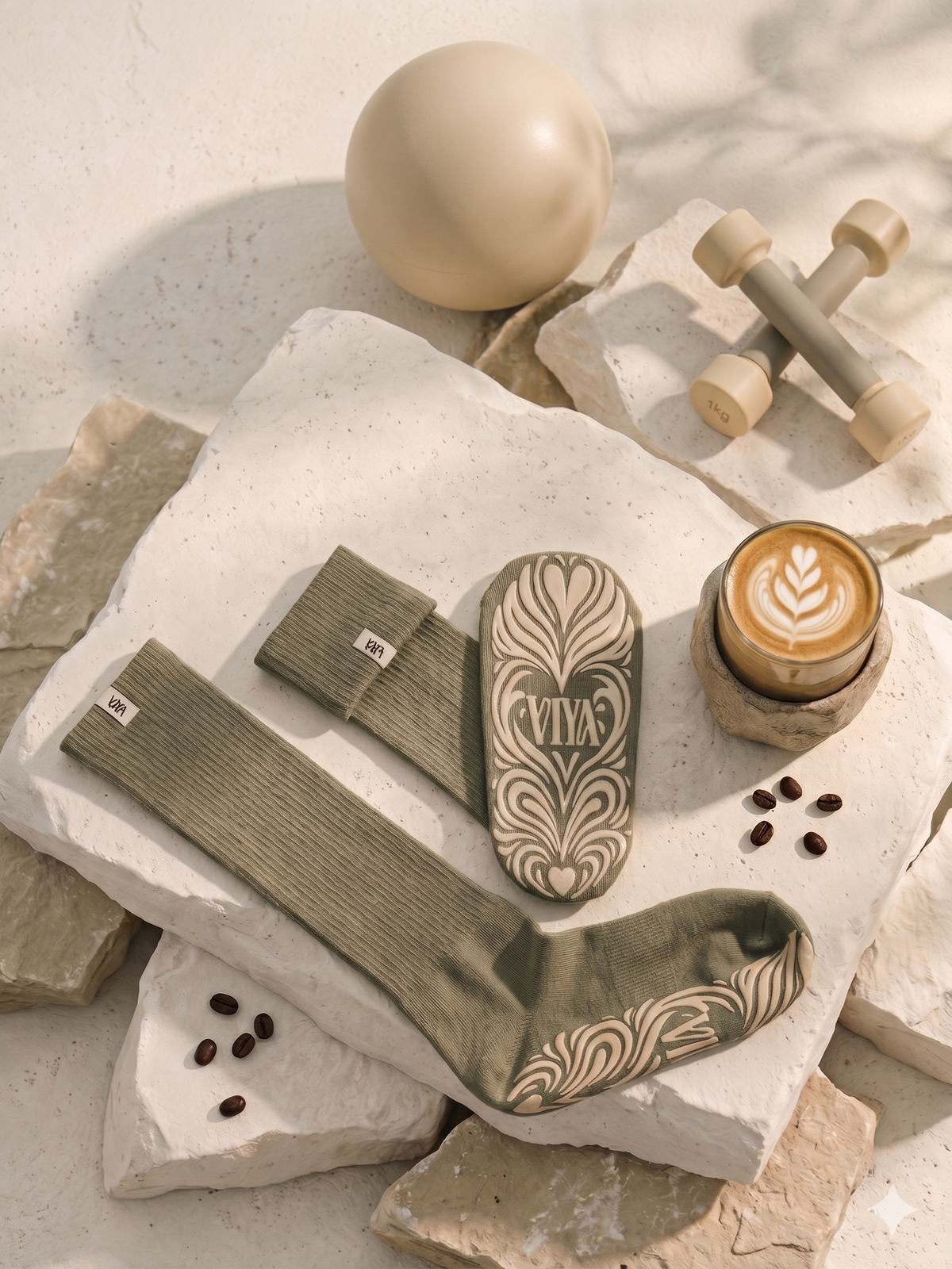 Chaussettes grip Pilates Matcha VIYA Studio, vue semelle antidérapante